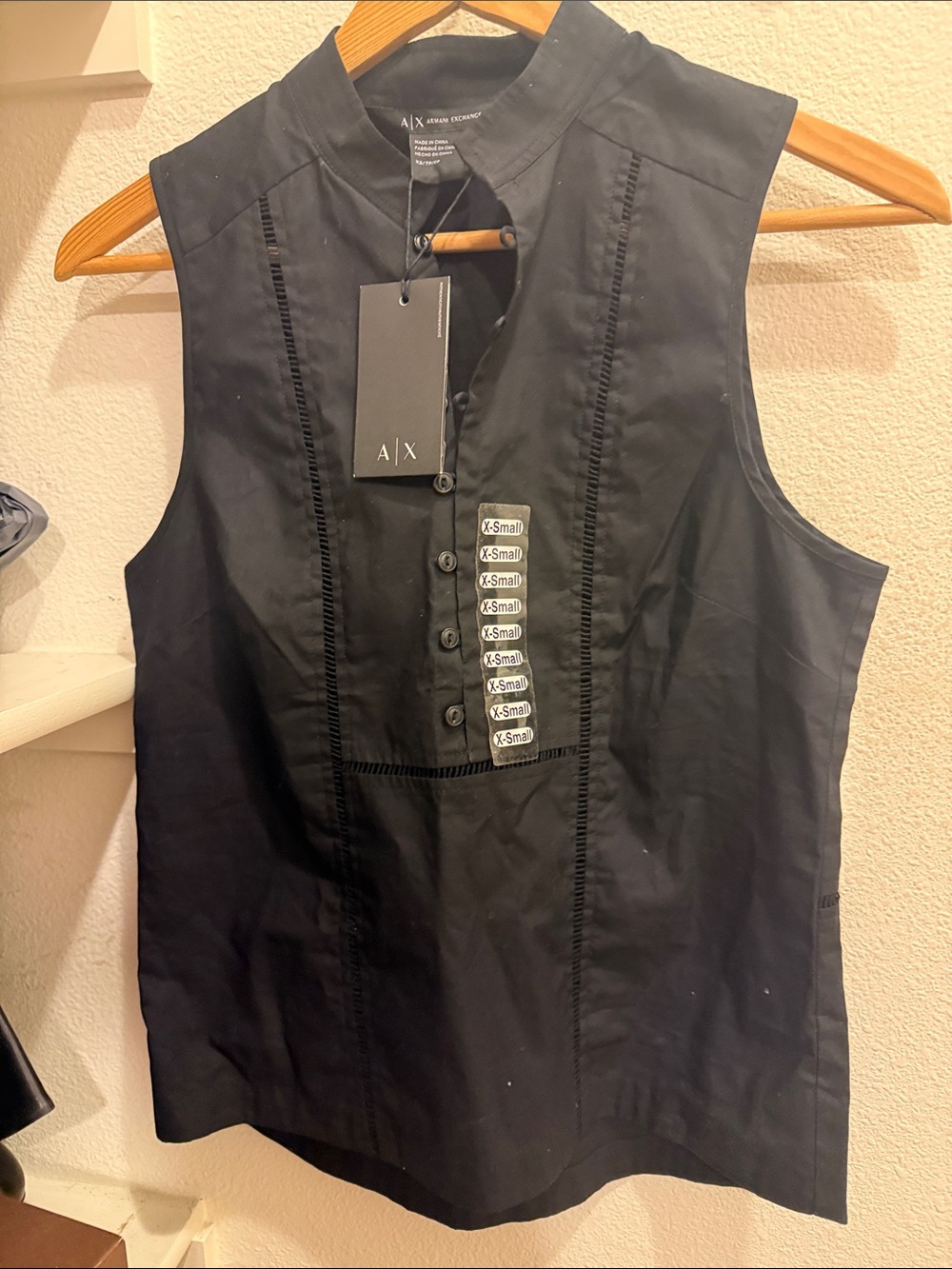 A/X Armani Exchange Black Sleeveless Button-Up Pintuck Top